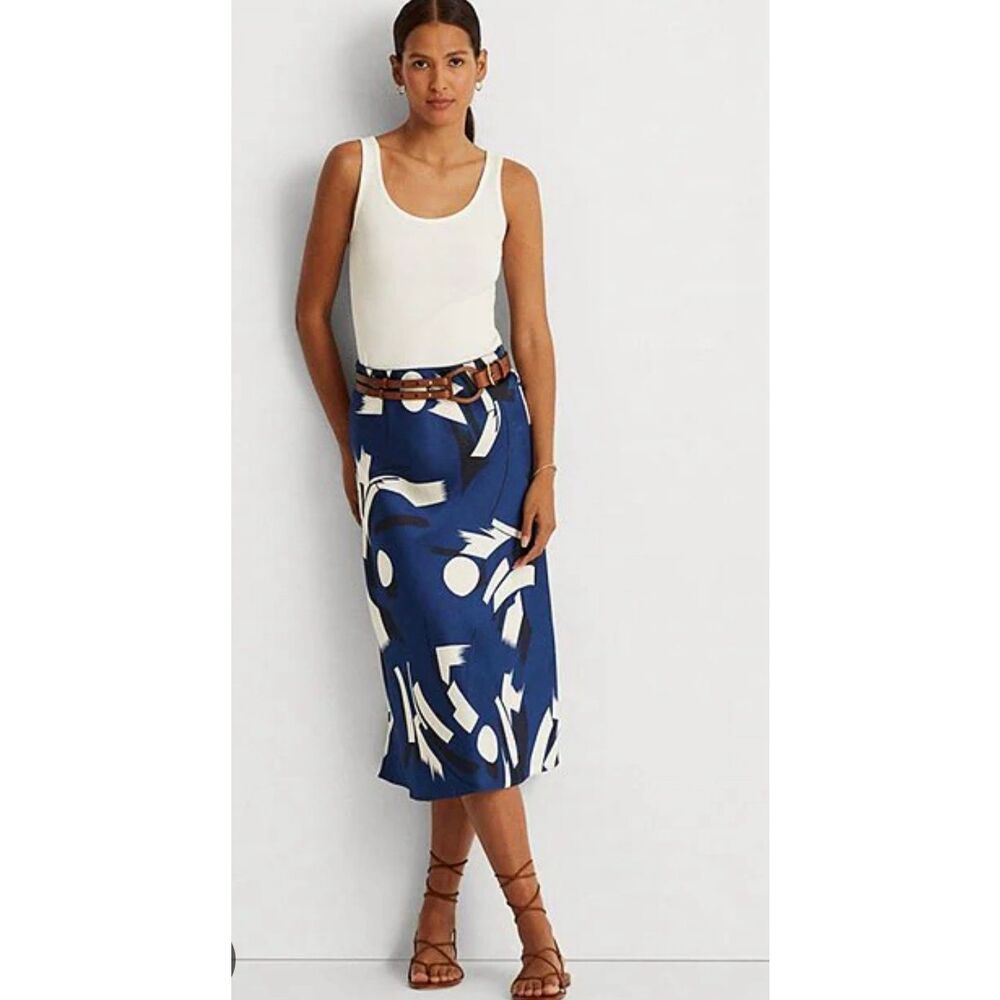 Ralph Lauren Black Label Silk Abstract Print Bias Midi Skirt – Navy & Ivory Sz 6 - Picture 3 of 9